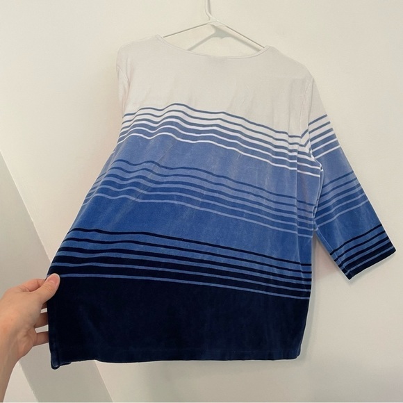 ALFRED DUNNER Precious Jewels Soft Striped Velour Top White Blue Navy 3/4 Sleeve - Picture 12 of 12